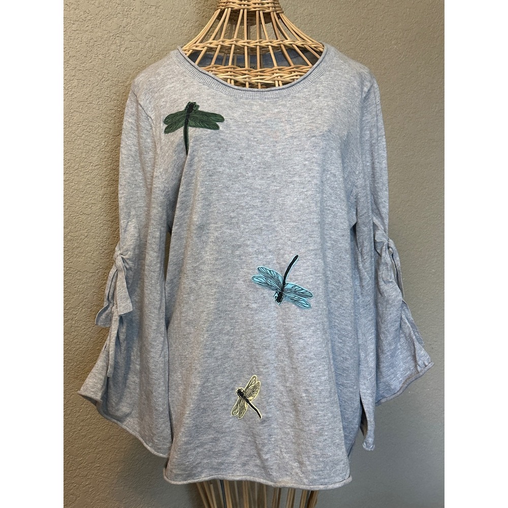 Democracy Womens Gray Dragonfly Embroidered Bell Sleeve Cotton Sweater Top L - Picture 8 of 15